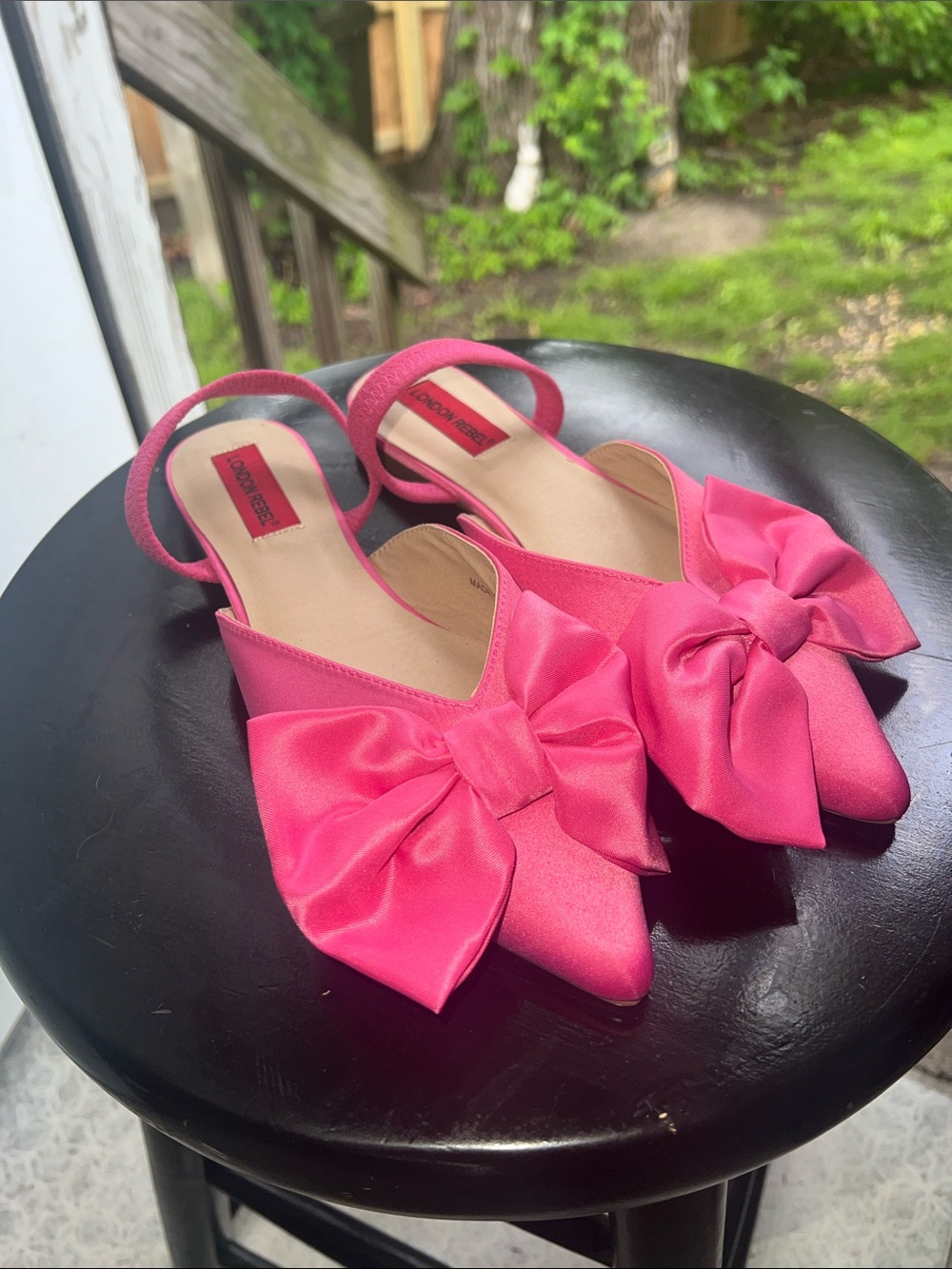London Rebel Hot Pink Satin Pointed-Toe Bow Slingback Flats Size 8